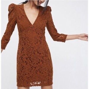 Free People Bronze Lace Deep V neck mini dress S